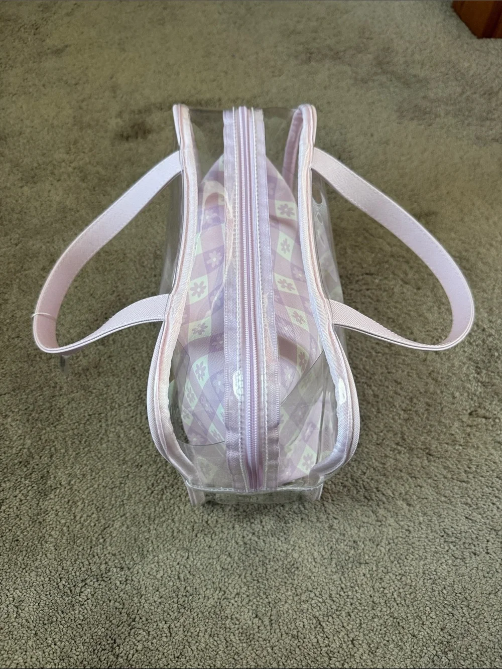 Purple Pastel Clear Mini Travel Tote Bag Checkered Floral Makeup Bag
